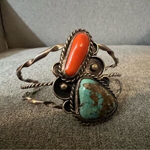 Vintage Navajo Sterling Silver Cuff Bracelet with Turquoise and Coral Stones